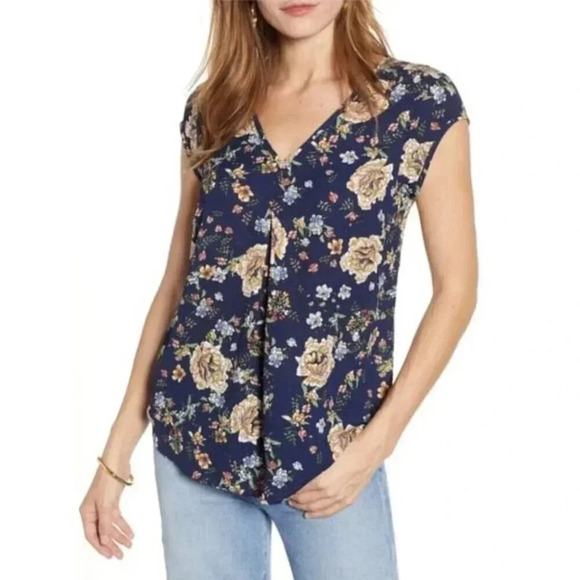 Halogen Navy Blue Floral V-Neck Short Sleeve Blouse S - Picture 1 of 5